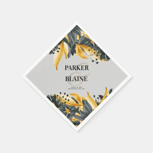 グレーと黄色のフローラ水モダン色結婚の スタンダードカクテルナプキン (角)