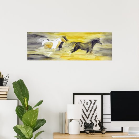 グレーと黄色の抽象芸術馬のアートワーク ポスター (ホームオフィス)
