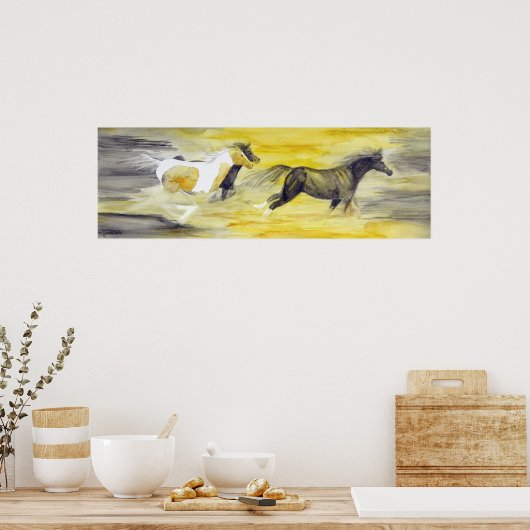 グレーと黄色の抽象芸術馬のアートワーク ポスター (キッチン)