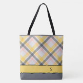 グレーと黄色の格子柄のモノグラムトートバッグ トートバッグ (正面)
