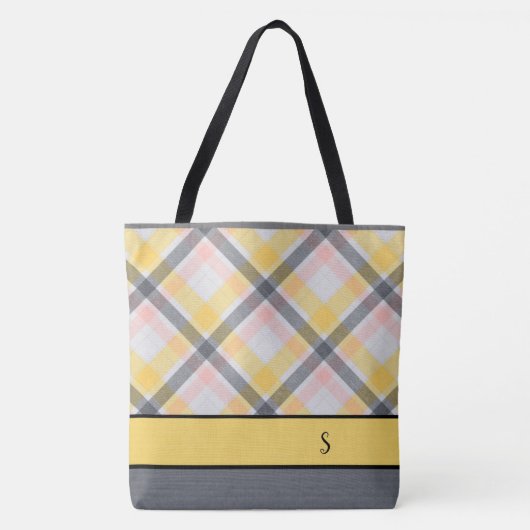 グレーと黄色の格子柄のモノグラムトートバッグ トートバッグ (正面)