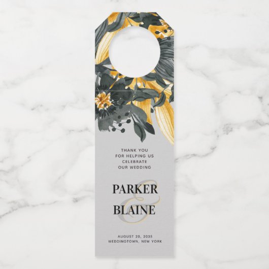 グレーと黄色の水の色のフローラモダンの結婚数 ボトルネックタグ (正面)