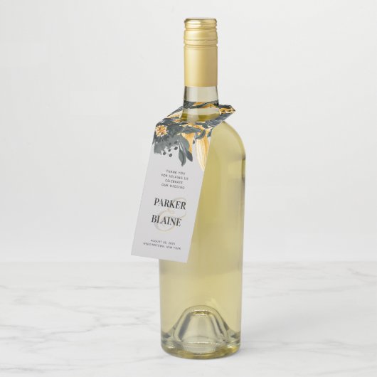 グレーと黄色の水の色のフローラモダンの結婚数 ボトルネックタグ (アングル)