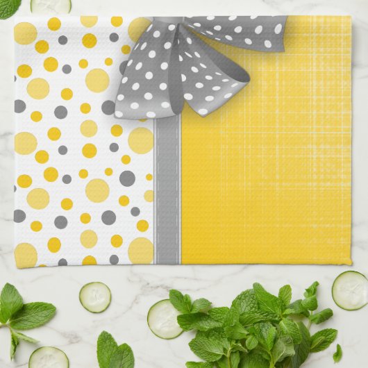 グレーと黄色の水玉模様、グレーのリ点々のあるボン キッチンタオル (折り畳み)