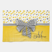 グレーと黄色の水玉模様、グレーのリ点々のあるボン キッチンタオル (横)