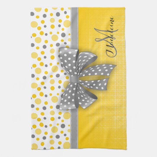 グレーと黄色の水玉模様、グレーのリ点々のあるボン キッチンタオル (縦)