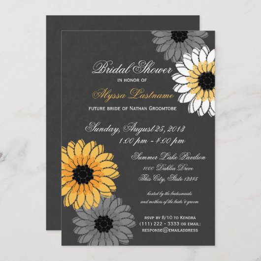 グレーと黄色の石板と花のブライダルシャワー 招待状 (正面/裏面)