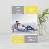 グレーと黄色の色のブロック結婚式の日付を保存 セーブザデート (スタンド正面)