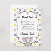 グレーと黄色の象の水玉模様ベビーシャワー サンキューカード (正面/裏面)
