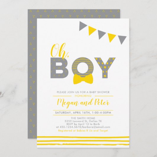 グレーと黄色 |タイポグラフィモダンボーイ赤ちゃんシャワー 招待状 (正面/裏面)
