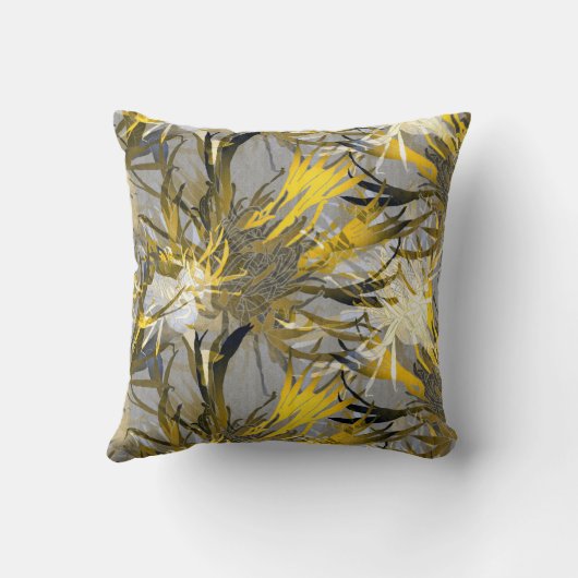 グレーと黄芸術的色の抽象芸術フローラ クッション (裏面)