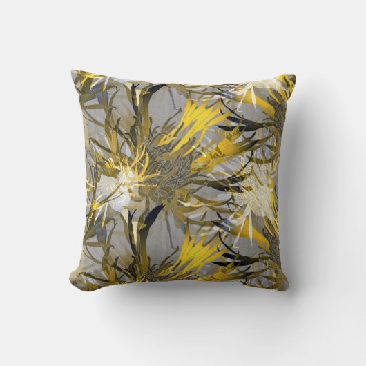 グレーと黄芸術的色の抽象芸術フローラ クッション (正面)