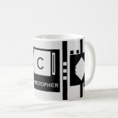 グレーと黒のダイヤストライプモンドの正方形の名前 コーヒーマグカップ (正面右)