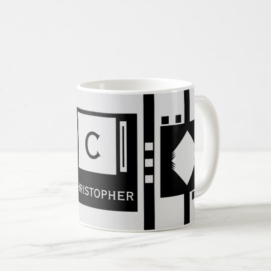 グレーと黒のダイヤストライプモンドの正方形の名前 コーヒーマグカップ (正面右)