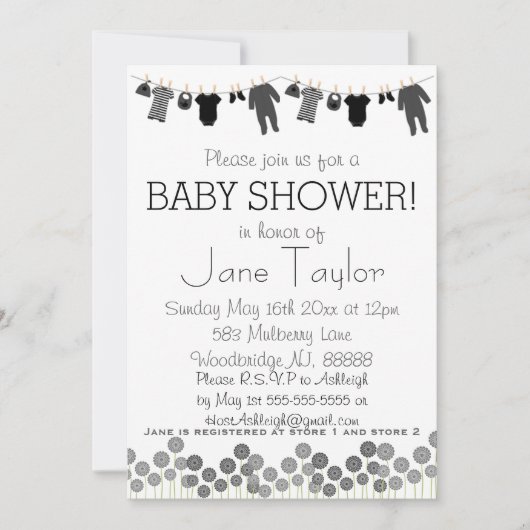 グレーと黒の小さな服の赤ちゃんシャワー 招待状 (正面)