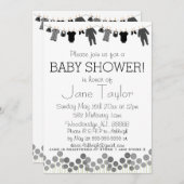 グレーと黒の小さな服の赤ちゃんシャワー 招待状 (正面/裏面)