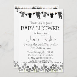 グレーと黒の小さな服の赤ちゃんシャワー 招待状