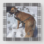 グレーと黒の格子柄のDIY犬の写真 スクエア壁時計 (正面)