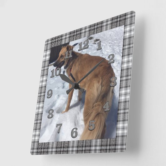 グレーと黒の格子柄のDIY犬の写真 スクエア壁時計 (傾斜)