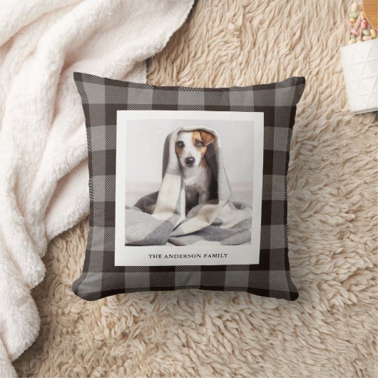 グレーと黒バッファローのプレイド |家族の写真 クッション (ブランケット)