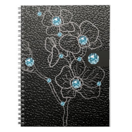 グレーなお花の模様がある黒いフェイクレザースタイル ノートブック