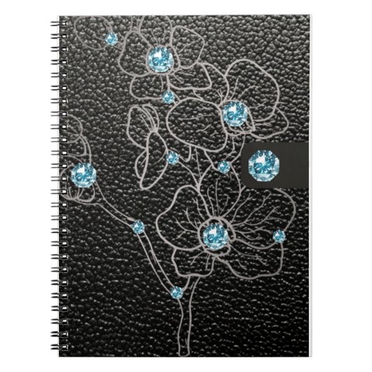 グレーなお花の模様がある黒いフェイクレザースタイル ノートブック (正面)