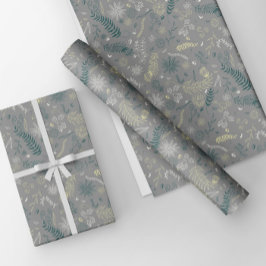 グレーに緑、黄色、白の花の落書き。 ラッピングペーパーシート