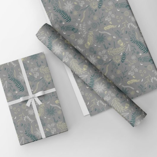 グレーに緑、黄色、白の花の落書き。 ラッピングペーパーシート