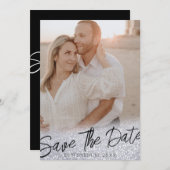 グレーのおしゃれなグリッター結婚式の写真付きSave the Dateカード 招待状 (正面/裏面)