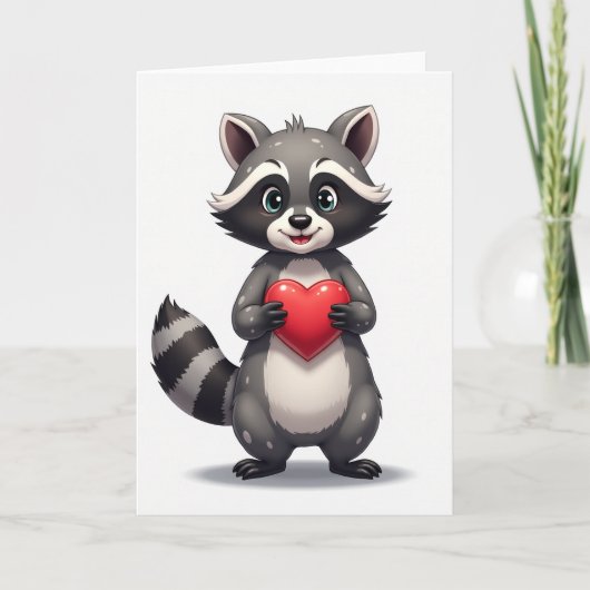 グレーのかわいいアライグマのバレンタインカード カード (正面)