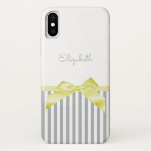 グレーのと名ガーリー前がストライプかわいい黄色い弓 iPhone X ケース
