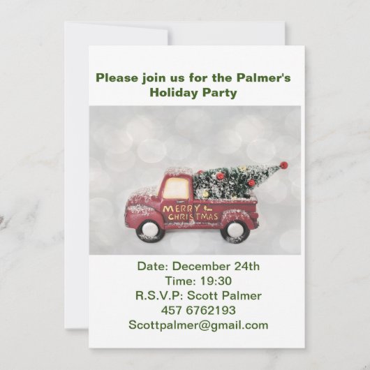 グレーのぼかし背景の赤いヴィンテージトラック 招待状 (正面)