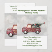 グレーのぼかし背景の赤いヴィンテージトラック 招待状 (正面/裏面)