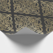 グレーのアンティークダマスク ゴールドヴィンテージ ラッピングペーパー (角)