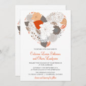 グレーのオレンジ色のハートの花の結婚式招待状 招待状 (正面/裏面)