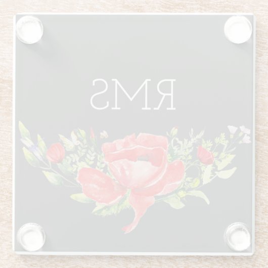 グレーのカスタマイズ可能なモノグラム上の赤いポピー ガラスコースター (裏面)