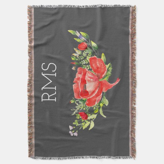 グレーのカスタマイズ可能なモノグラム上の赤いポピー スローブランケット (正面縦)