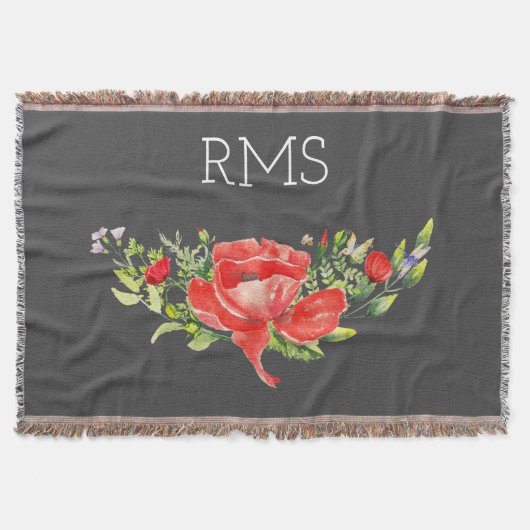 グレーのカスタマイズ可能なモノグラム上の赤いポピー スローブランケット (正面)