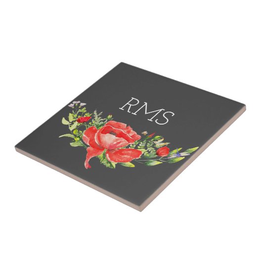 グレーのカスタマイズ可能なモノグラム上の赤いポピー タイル (側面)