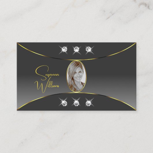 グレーのグラデーションと金ゴールドの装飾の宝石と写真 名刺 (正面)