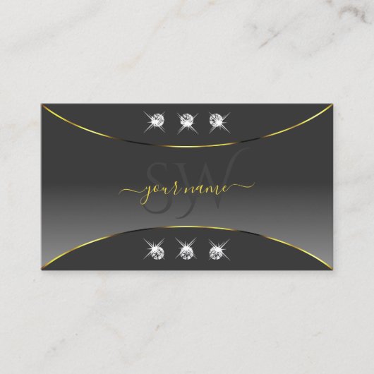 グレーのグラデーションと金ゴールド華美宝石とモノグラム 名刺 (正面)