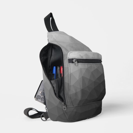 グレーのグラデーションのジオメトリメッシュパターン スリングバッグ (見開き)