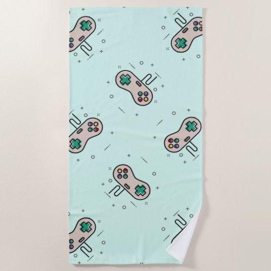 グレーのゲームジョイスティックを青で表示 ビーチタオル (正面)