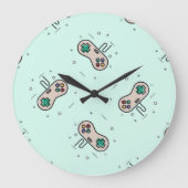 グレーのゲームジョイスティックを青で表示 ラージ壁時計 (正面)