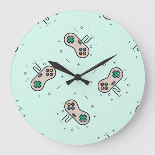 グレーのゲームジョイスティックを青で表示 ラージ壁時計 (正面)