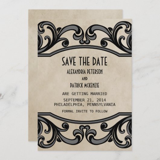 グレーのゴシックな渦巻きが Save the Date をお伝えする 招待状 (正面/裏面)