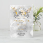 グレーのゴールドイエローの花束の誕生日パーティー 招待状 (スタンド正面)