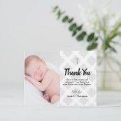 グレーのゴールドクロス感謝ベイビーボーイ写真洗礼 ポストカード (スタンド正面)