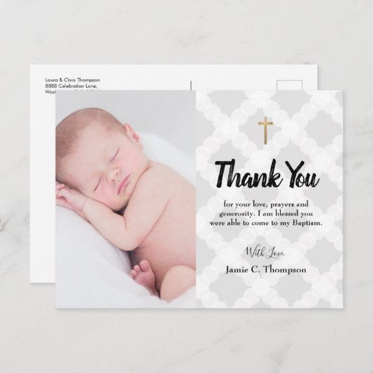 グレーのゴールドクロス感謝ベイビーボーイ写真洗礼 ポストカード (正面/裏面)