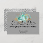 グレーのゴールド フローラル チェブロン SAVE THE DATE RSVP カード (正面/裏面)
